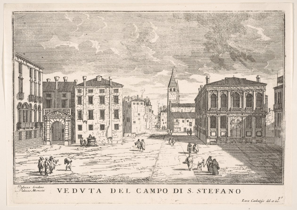 Plate 95: Utsikt over Campo Santo Stefano med Loredan-palasset og Morosini-palasset, Venezia ..., 1703. av Luca Carlevarijs