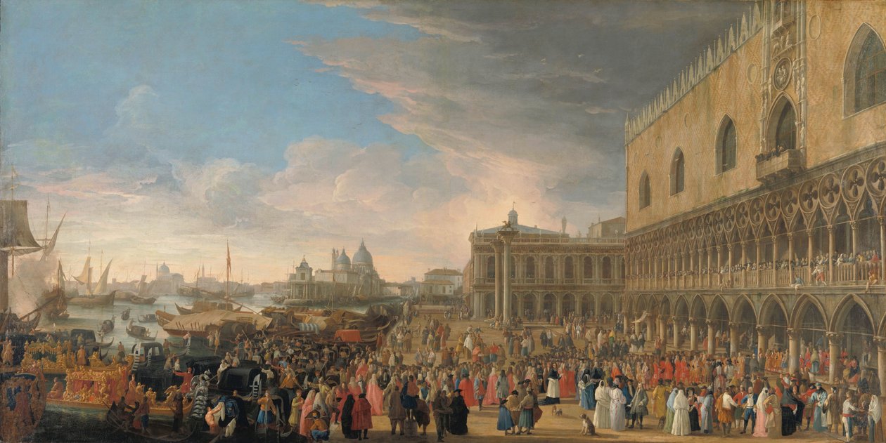 Den franske ambassadørens inntreden i Venezia i 1706 Henri-Charles Arnauld de Pomponnes seremonielle innreise, kjent som Abbé de Pomponne, i Venezia som fransk ambassadør 10. mai 1706 av Luca Carlevarijs