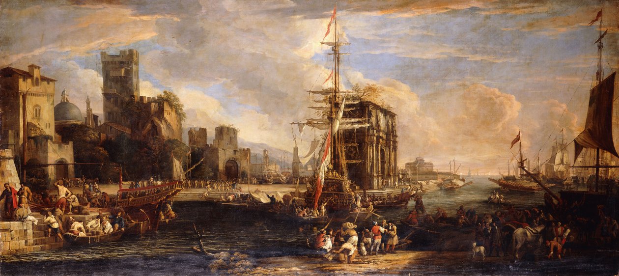 En Capriccio av en middelhavshavn med østerriksk skipsfart, kjøpmenn og sjømenn på kaier i forgrunnen, et militskompani nær Konstantinbuen og Castel Sant"Angelo bortenfor, av Luca Carlevaris