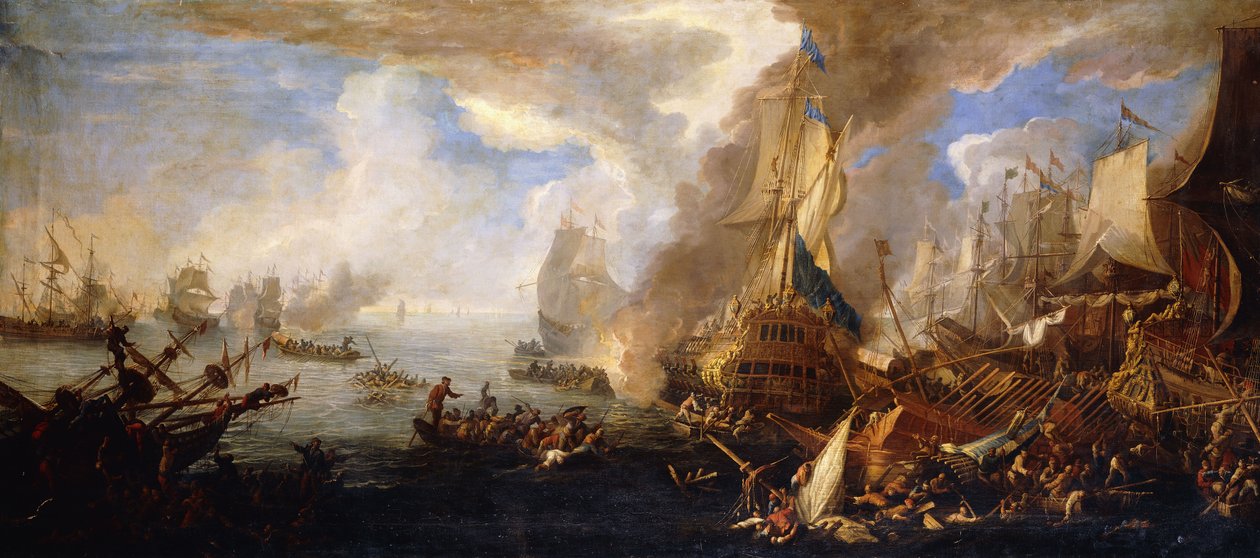 Et havslag med sardinske og venetianske krigsskip og sardinske og egyptiske(?) bysser i forgrunnen, av Luca Carlevaris