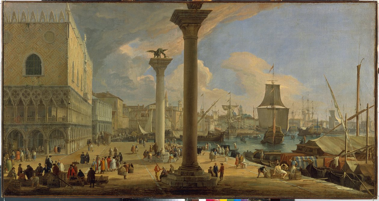 Moloen og hertugpalasset (Venezia, Italia) - Maleri av Luca Carlevaris (1663-1730), olje på lerret, ca. 1710, 64x121 cm - Moloen med hertugpalasset, Olje på lerret av Luca Carlevaris - Statseremitasjen, St. -Petersburg av Luca Carlevaris