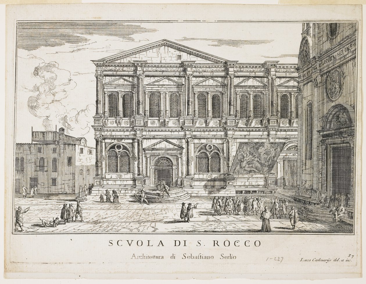 Utsikt over brorskapet til St. Rocco, tallerken fra The Buildings and Views of Venice, 1703, 1750-53 av Luca Carlevaris