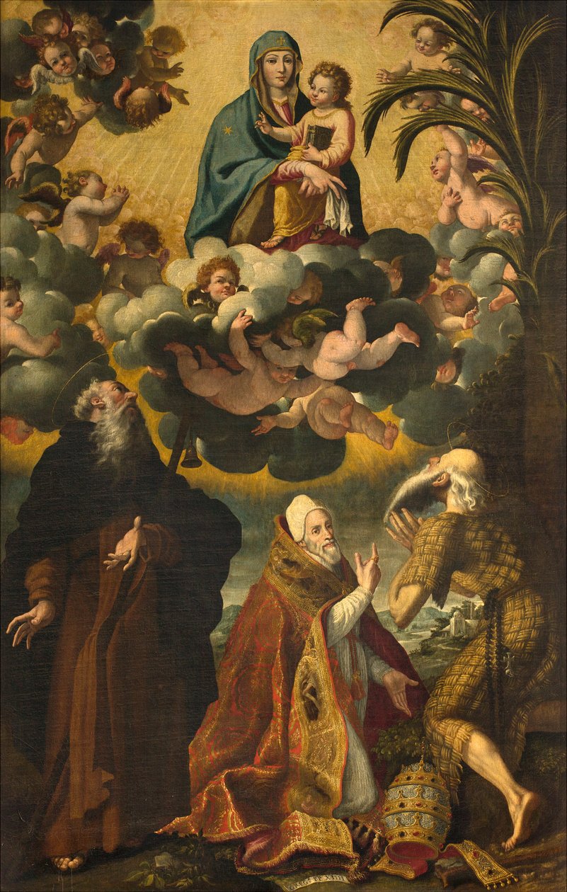 Alter for Saint Anthony, Madonna og barn med de hellige Anthony Abbed Paul Eremit og pave Gregory XIV, Luke Cattapane 1593 av Luca Cattapane
