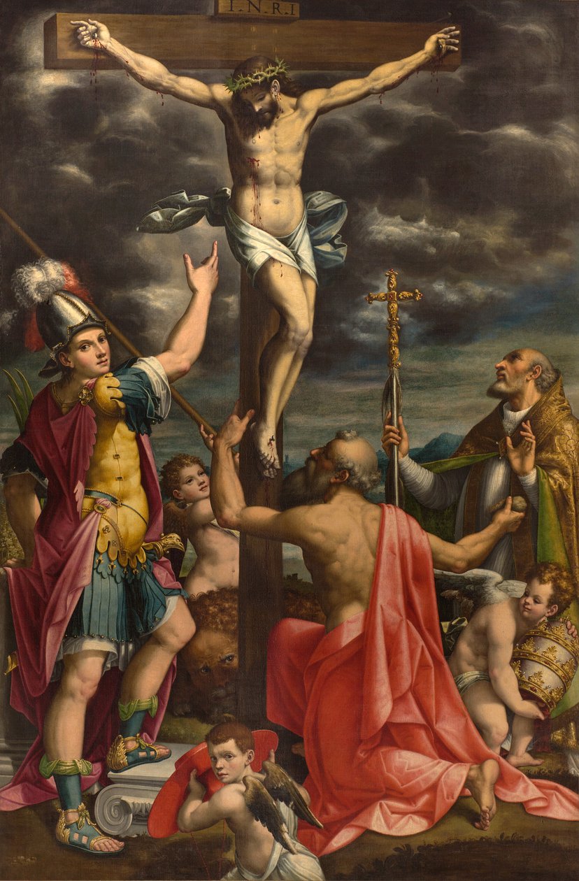 San Fermo-alteret, korsfestelse med de hellige Fermo Jerome og pave Gregor XIV, Luca Cattapane 1593 av Luca Cattapane
