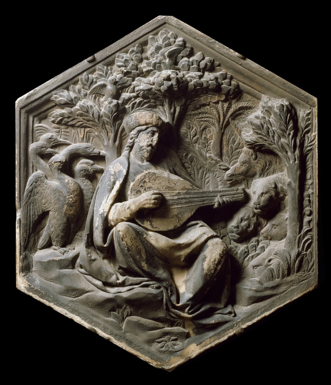 Allegory of Music som Orphee Dyrene i skogen lytter til Orphee som spiller lut. Høy relieff av Luca della Robbia av Luca Della Robbia
