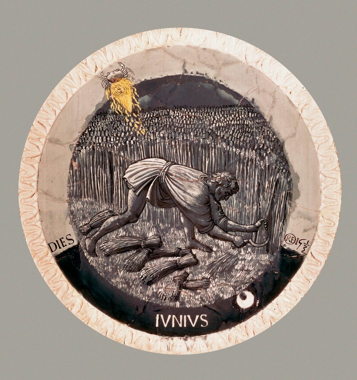 Juni: en bonde som høster hveten. Terrakotta av Luca della Robbia av Luca Della Robbia