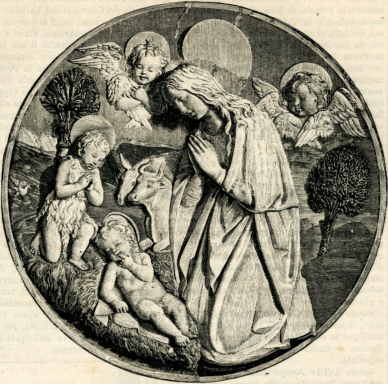 Madonna i tilbedelse av barnet med spedbarnet Døperen Johannes og kjeruber, av Luca della Robbia (1399/1400-1482), Prato, Toscana, Italia, tresnitt fra Le cento citta d
