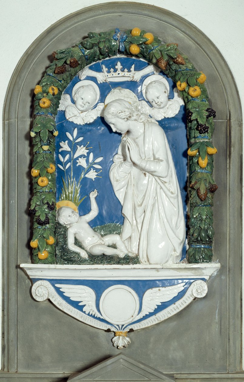 The Virgin Adoring the Child High Relief av Luca della Robbia (1400-1482) Sanctuary of Verna fra 1400-tallet, Italia av Luca Della Robbia