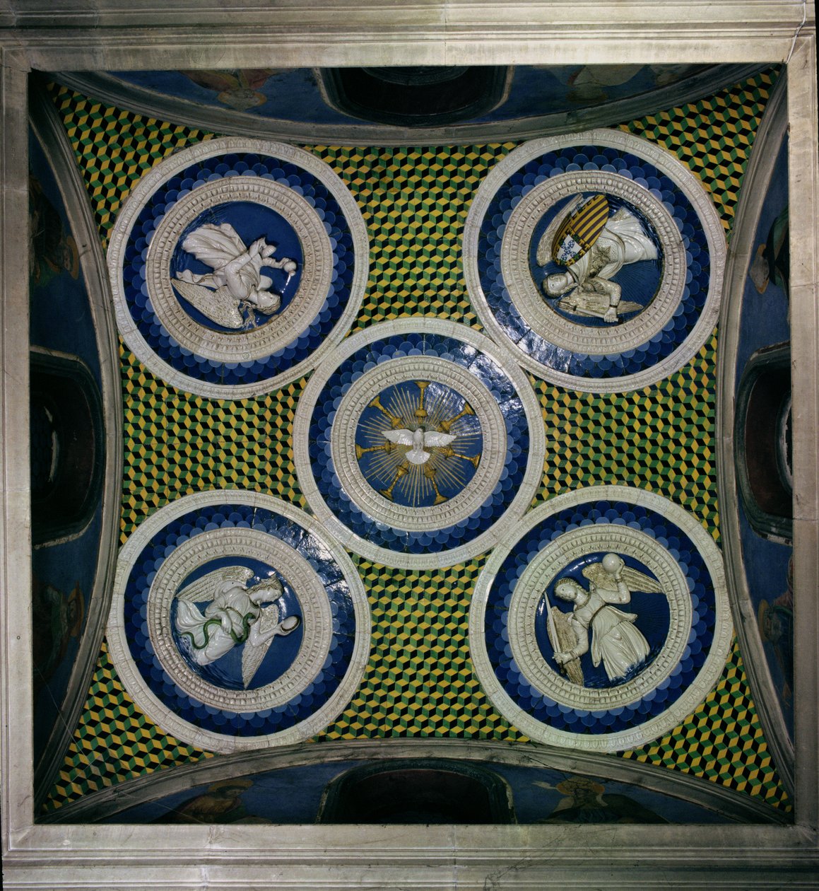 Utsikt over taket med runddeler som representerer Den Hellige Ånd og de fire kardinaldydene, 1460-tallet (glasert terrakotta) av Luca Della Robbia