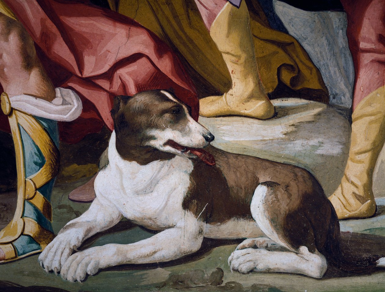 Hund, detalj av freskomaleri fra syklusen Stories of Antenor av Luca Ferrari