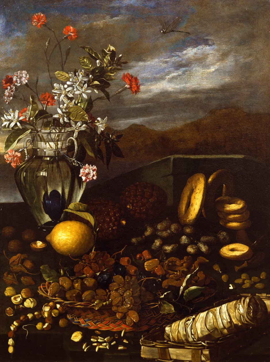 Stilleben med tørket frukt, blomster og landskap, av Luca Forte (1610-1670) av Luca Forte
