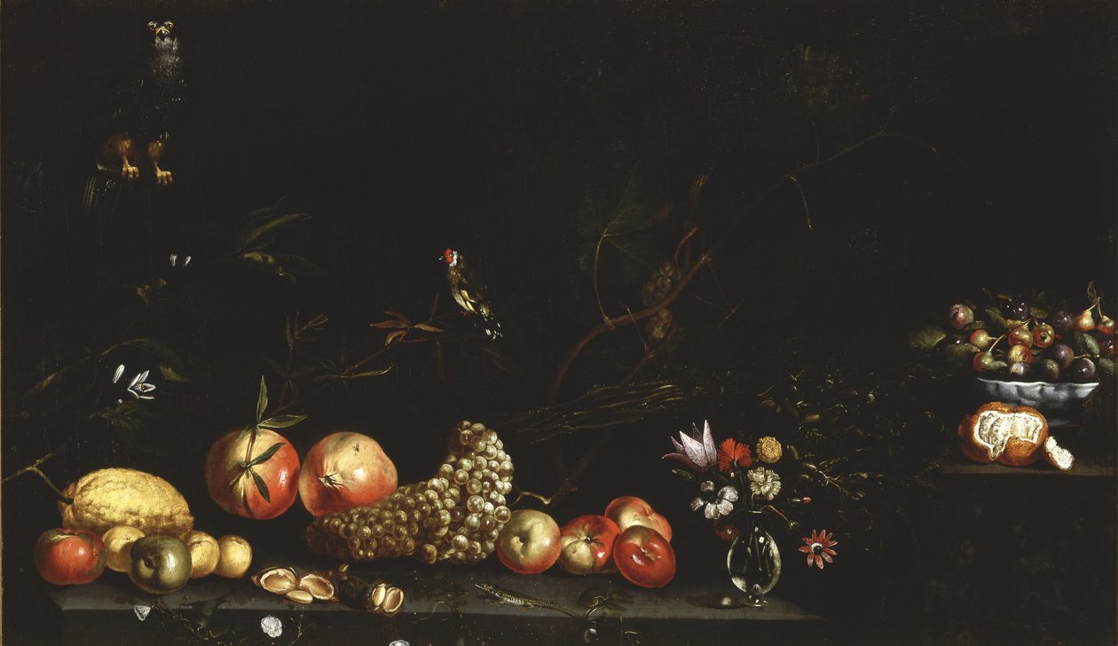 Stilleben med frukt, blomster, en hauk og en gullfink, 1620-30 av Luca Forte