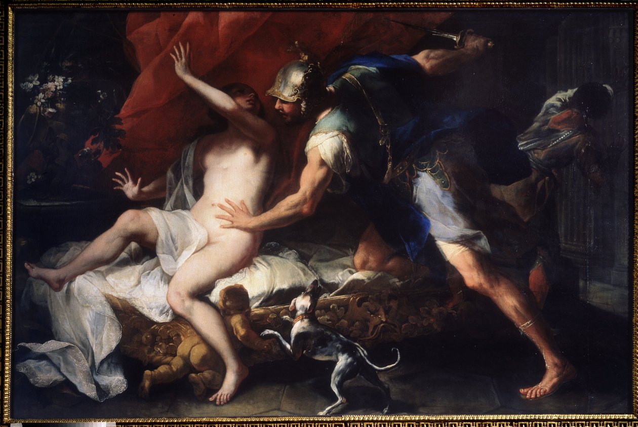 (Tarquinius og Lucretia) Voldtekten av Lucrece (Lucrezia, Lucretia, romersk dame), offer for volden til hennes fetter Sextus Tarquin, sønn av Tarquin den suverene. Maleri av Luca Giordano (1632-1705) Statens kunstmuseum fra 1600-tallet, Tula, Russland av Luca Giordano