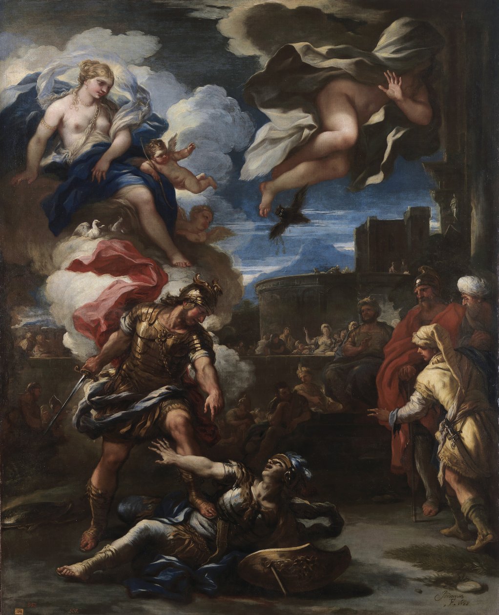 Aeneas beseirer Turnus, 1688 av Luca Giordano