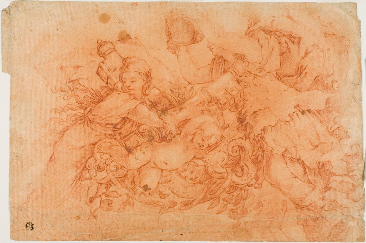 Allegoriske figurer som holder det pavelige insignia, studie etter Allegory of Divine Providence i Palazzo Barberini i Roma av Luca Giordano