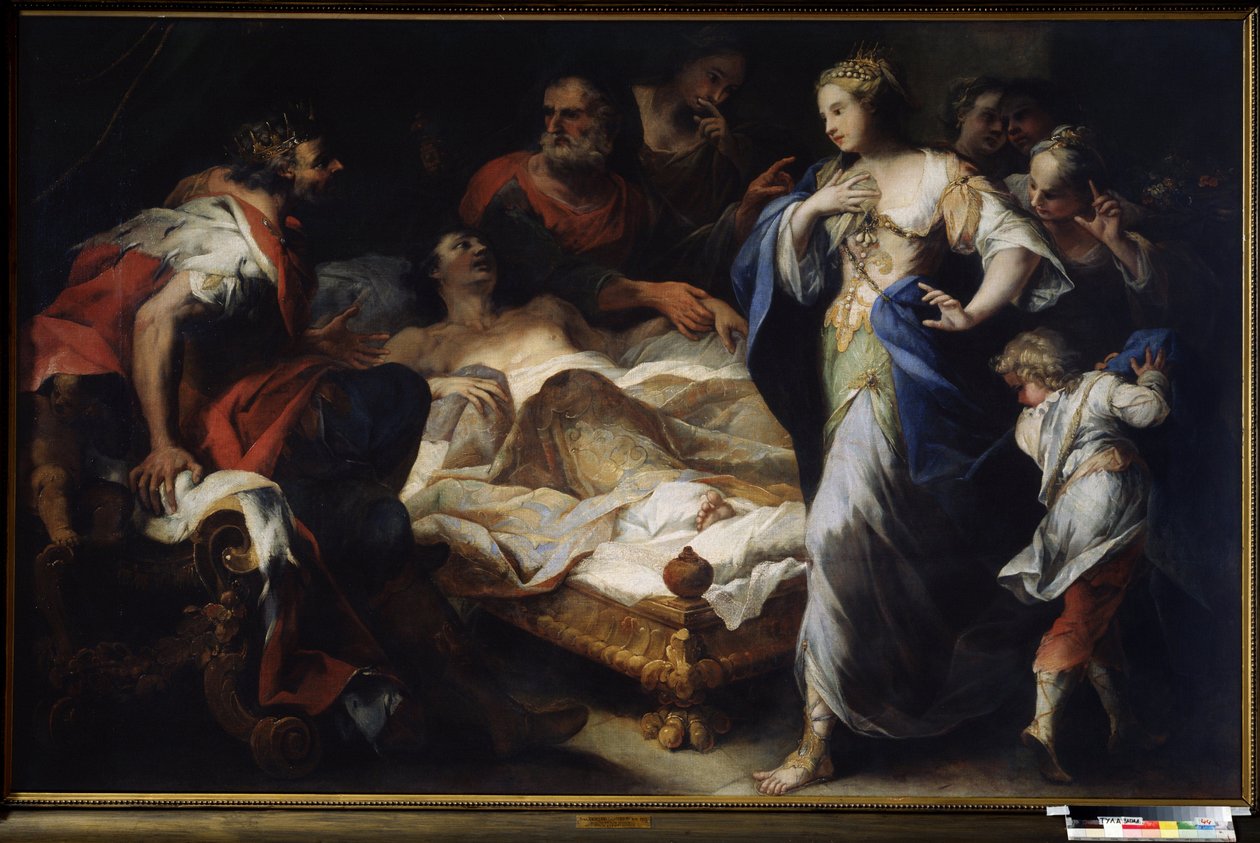 ""Antiochus (ou Antiochos) et Stratonice (ou Stratonike)"" (Antiochus og Stratonice) Antiochus, sønn av kong Seleucus (eller Seleucus) I Nicator blir behandlet av legen Erasistratus av Ceos for en sykdom på grunn av hans kjærlighet til Stratonice, hans far av Luca Giordano