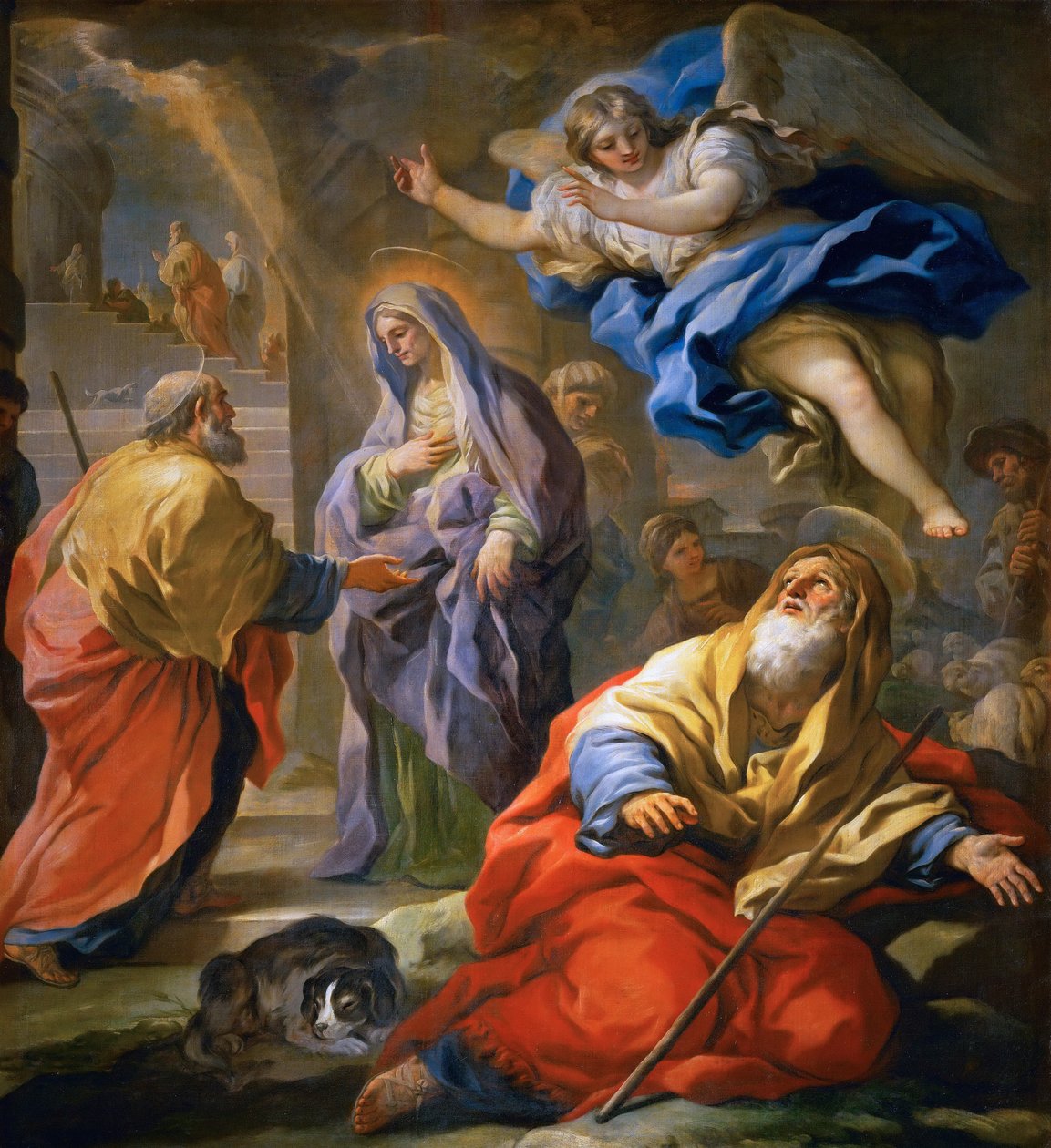 Barokk: Joachim mottar løftet og møtet mellom de hellige Joachim og Anne ved Golden Gate av Giordano, Luca (1632-1705), ca 1696. Olje på boks av Luca Giordano