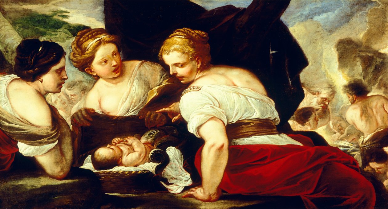 Daughters of Cecrops åpningskurv som holder baby Erichthonius, av Luca Giordano (1634-1705), olje på lerret, 76,5x133,5 cm av Luca Giordano