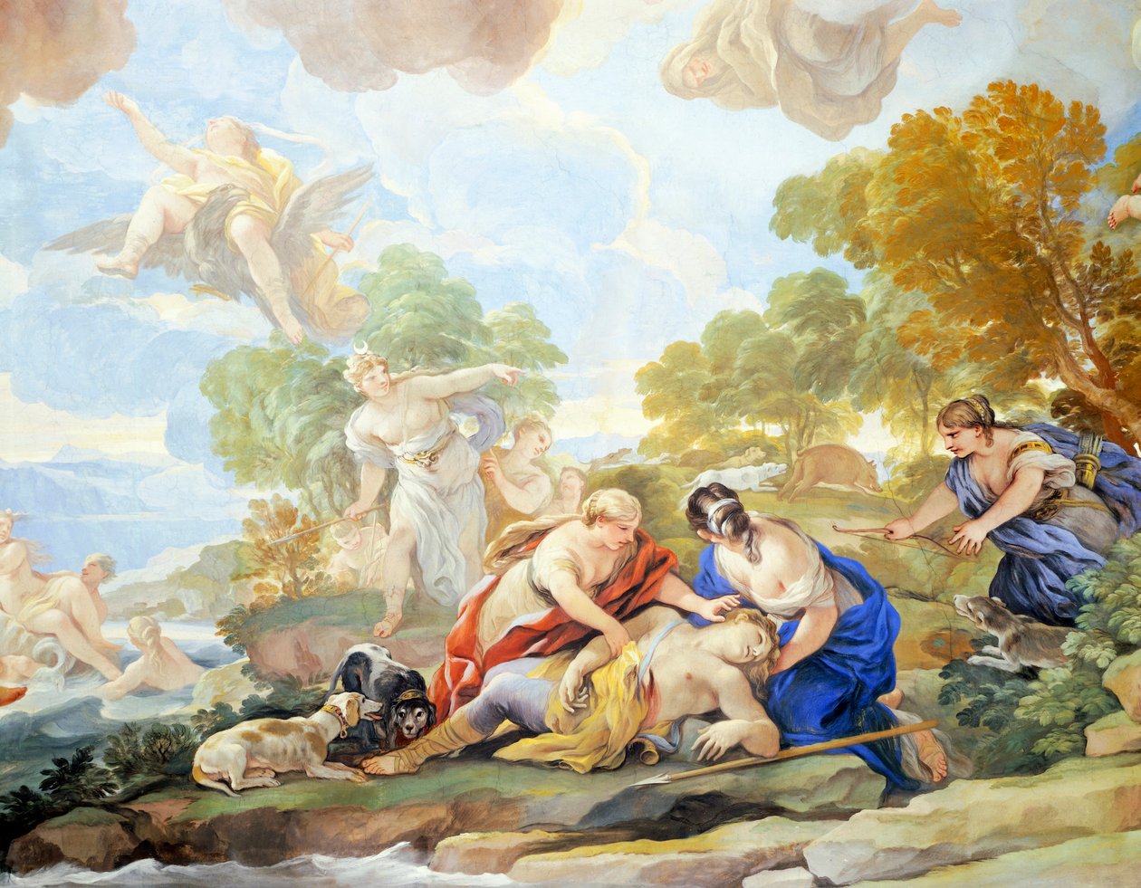 Death of Adonis, detalj av syklus av fresker i Hall of Mirrors av Luca Giordano (1634-1705), freskomaleri, Palazzo Medici Riccardi, Firenze av Luca Giordano