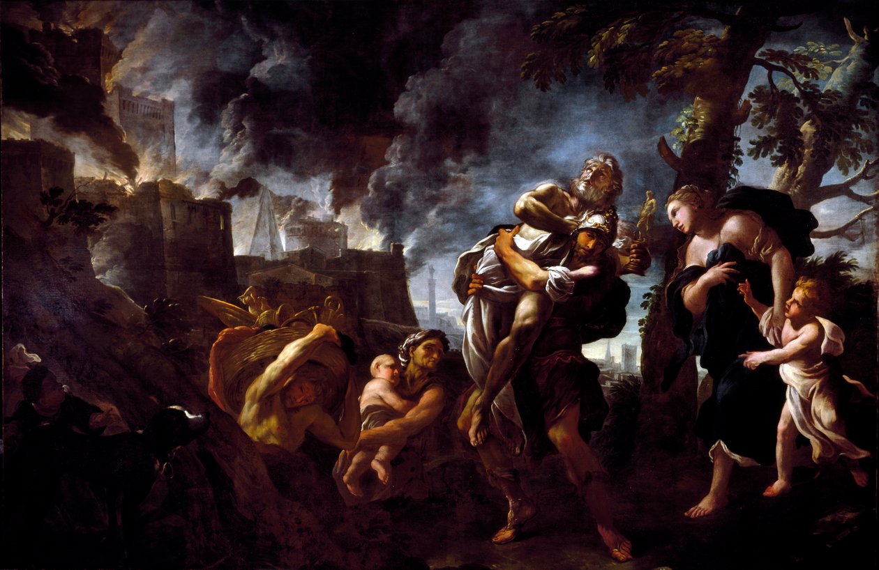 Enee flyktet Troie Enee, som bar Anchise, flyktet fra byen falt i hendene på Acheens. Maleri av Luca Giordano (1634-1705) 1675-1680 Genes, Nasjonalgalleriet i Palazzo Spinola av Luca Giordano