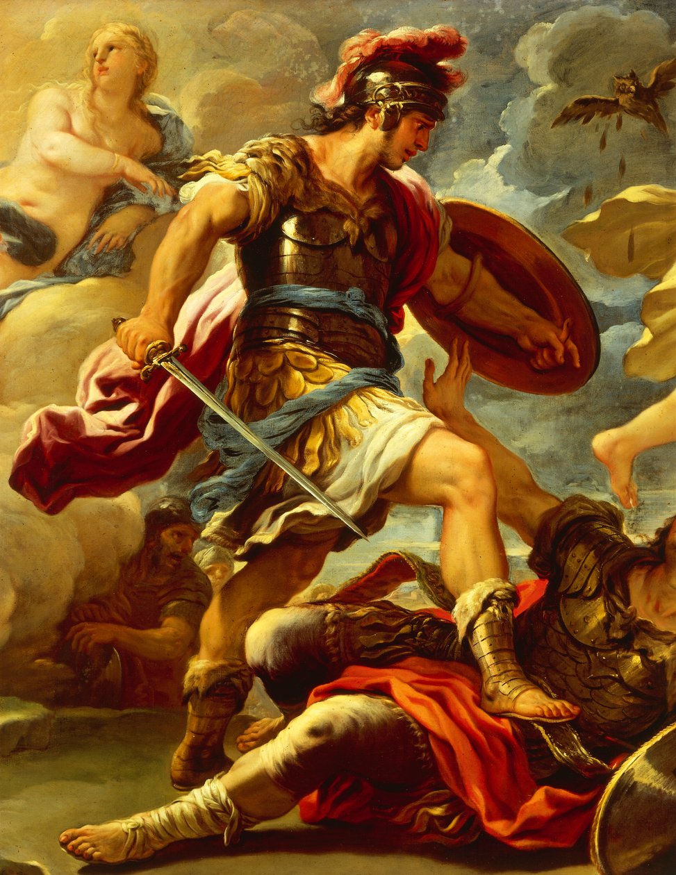 Figur av Aeneas, detaljer fra Aeneas beseirer Turnus, av Luca Giordano (1634-1705), olje på lerret av Luca Giordano