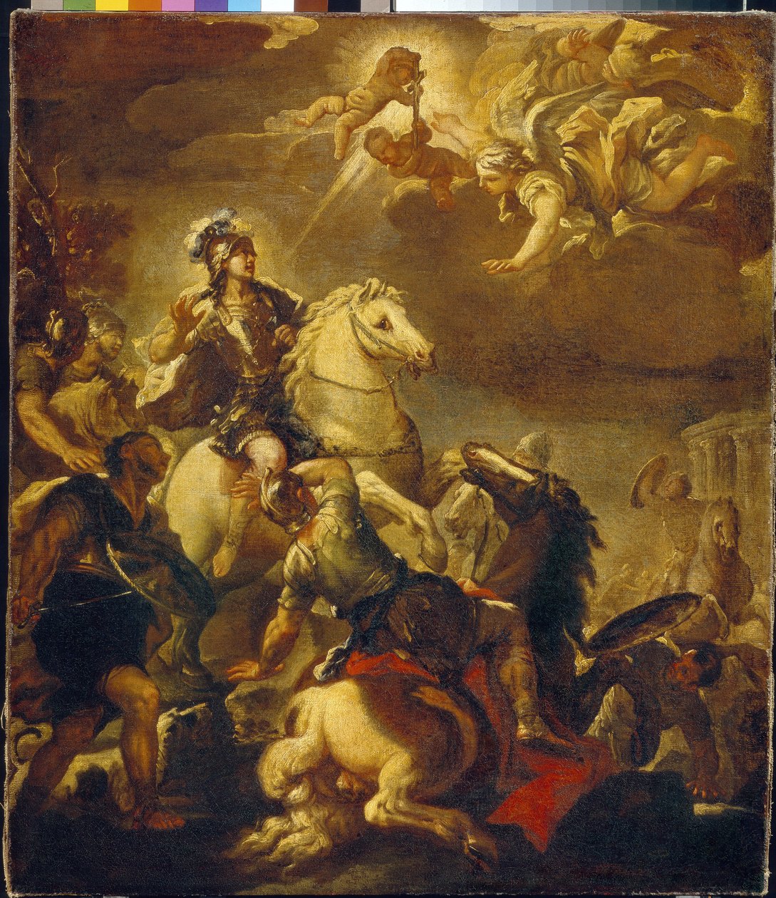 Korsets tilsynekomst for keiser Konstantin (Flauius Valerius Aurelius Constantinus, 272-306). (Korsets åpenbaring for keiser Konstantin). Maleri av Luca Giordano (1632-1705), olje på lerret, ca 1680. Italiensk kunst (Napoli) av Luca Giordano