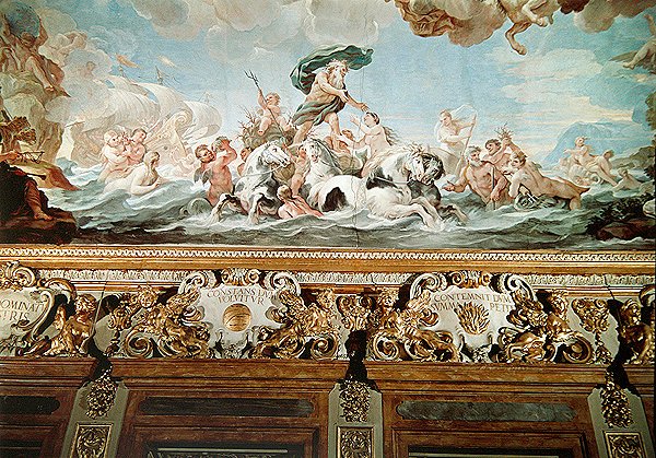 Neptun, detalj av taket i galleriet, ca. 1670-88 (fresco) av Luca Giordano