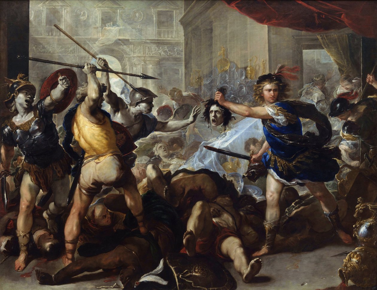 ""Perseus gjør Phineas og hans fiender til stein ved å vinke Medusas hode foran dem"" (Perseus gjør Phineas og hans tilhengere til stein) Maleri av Luca Giordano (1632-1705) circa 1680 National Gallery, London av Luca Giordano