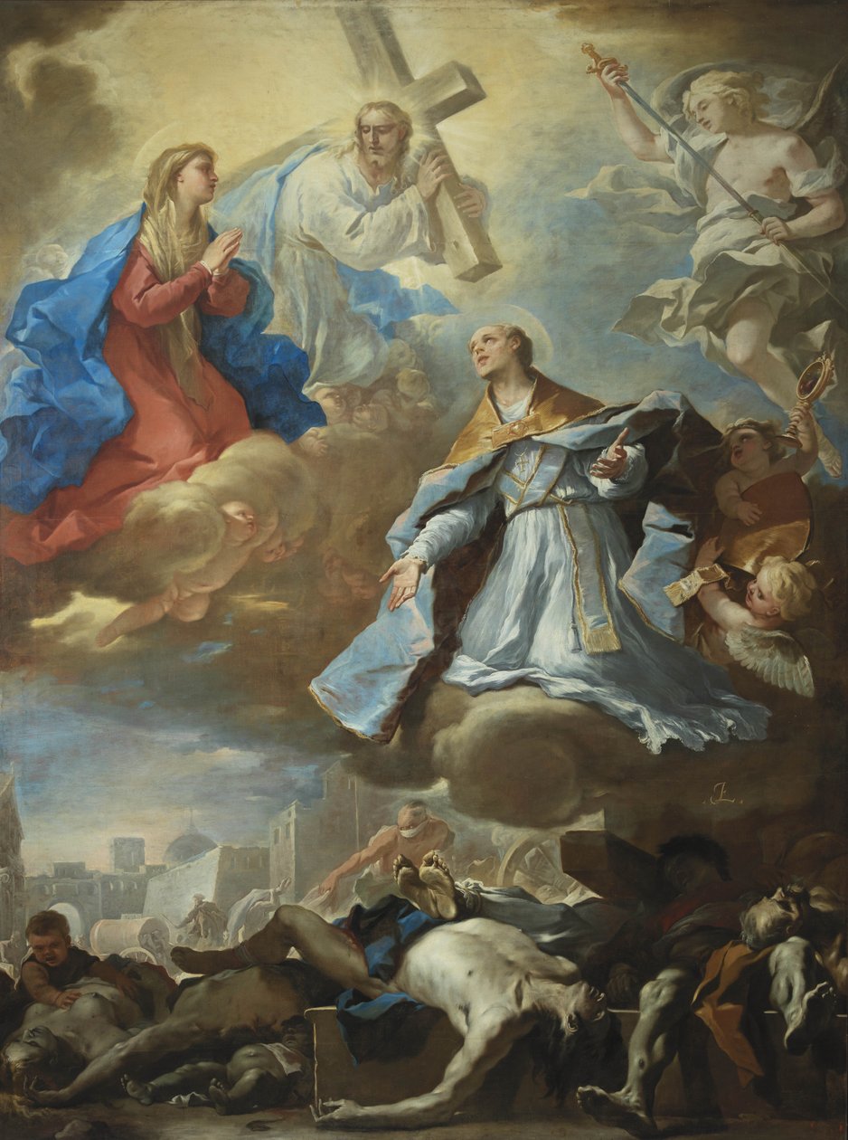 Den hellige Januarius går i forbønn til jomfru Maria, Kristus og Gud Faderen for pestens ofre, av Luca Giordano