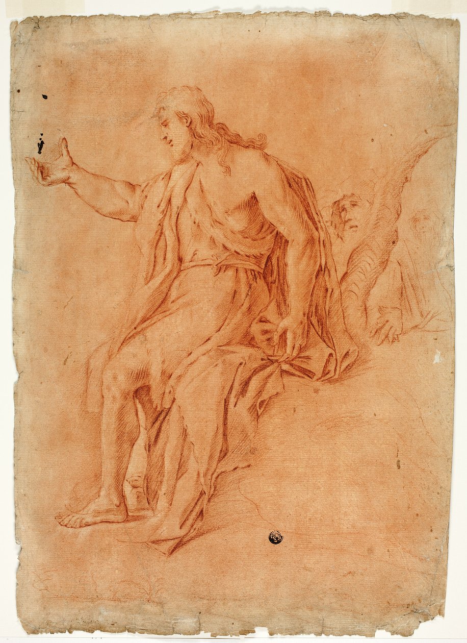 Døperen Johannes forkynner (rekto); Naken mann med løftede armer og skisser av hoder (verso) av Luca Giordano