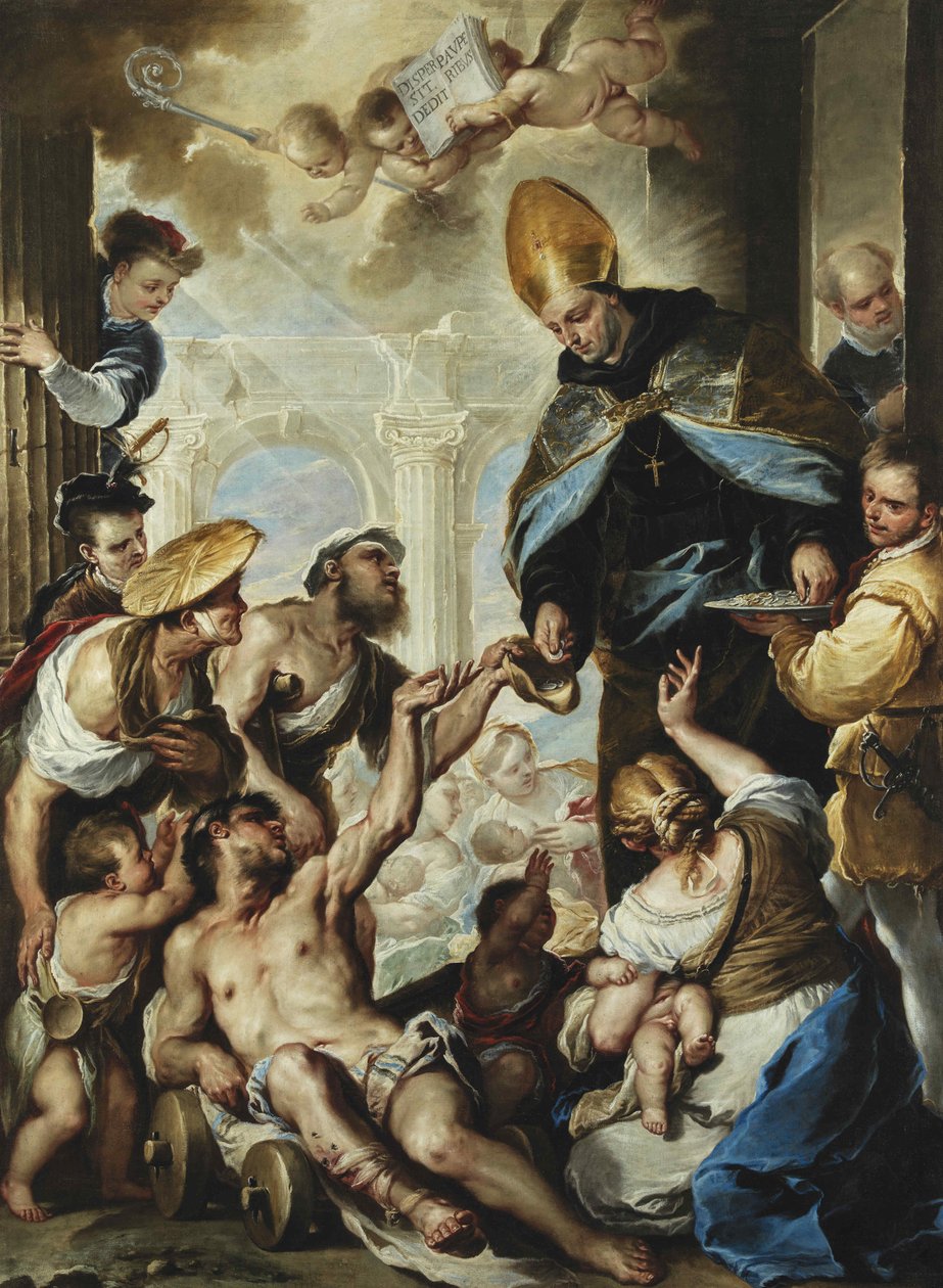 Den hellige Thomas av Villanova gir almisser til de fattige, ca 1658. av Luca Giordano