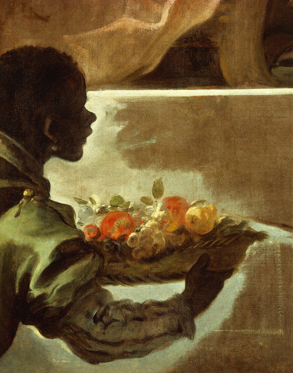 Tjener presenterer en kurv med frukt, detalj fra hyllest til Velazquez for greven av Santiesteban av Luca Giordano