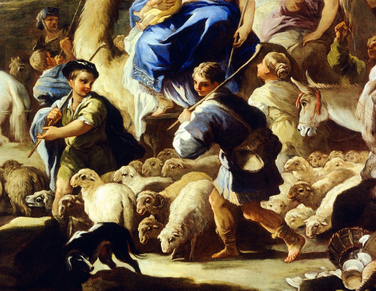 Sauer og gjetere, detalj fra Rebeccas avreise til Kanaan, av Luca Giordano (1634-1705), olje på kobber, 59x85 cm av Luca Giordano