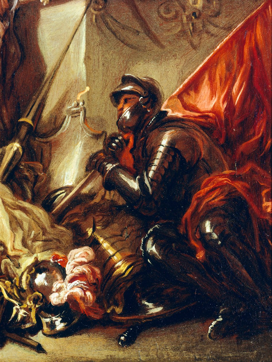 Soldat holder banner, detalj fra Allegory of War, av Luca Giordano (1634-1705), olje på lerret, 61x50 cm av Luca Giordano