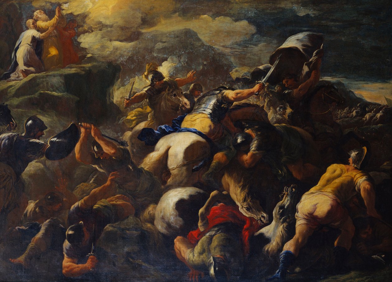 Kampen mellom israelittene og amalekittene, Aron og Hur som støtter Moses" armer på en bakketopp bortenfor av Luca Giordano