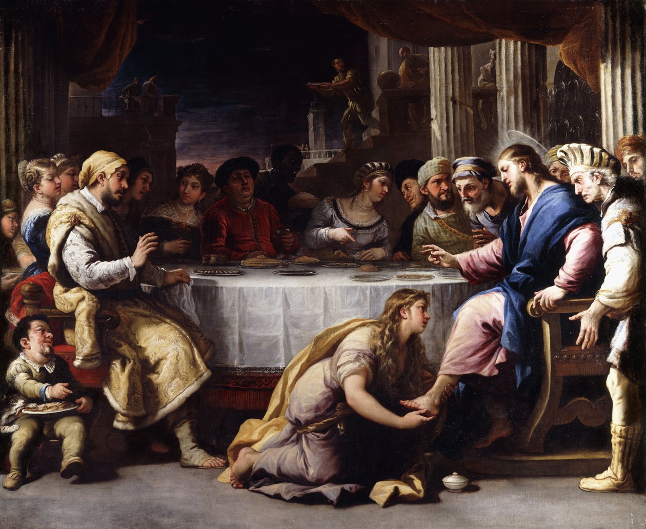 Magdalena vasker Kristi føtter i Simons hus, av Luca Giordano