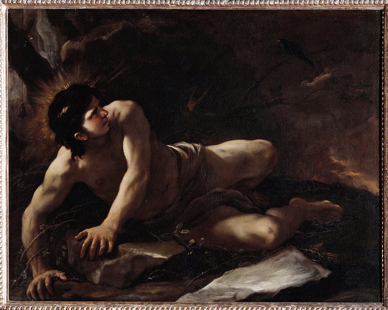 The Temptation of St Benedict, who kaster seg i stangen for å unngå fristelser) Maleri av Luca Giordano (1634-1705) Museo dell