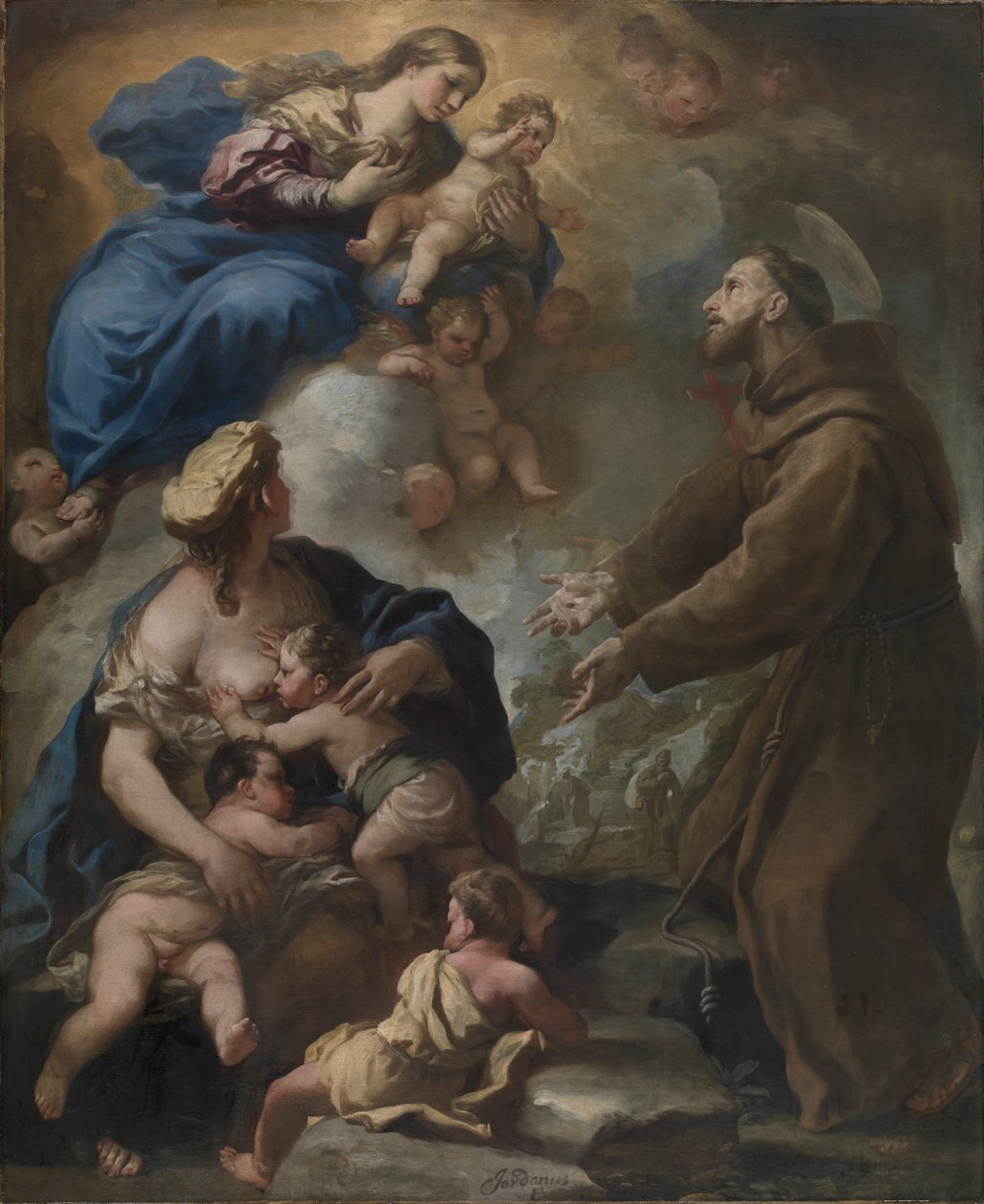 Jomfruen og barnet som vises for den hellige Frans av Assisi, 1680-tallet. av Luca Giordano