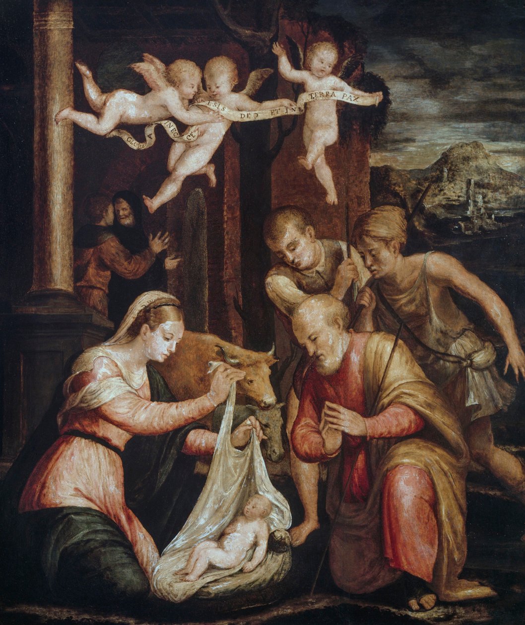 Tilbedelse av hyrdene, av Luca Longhi (1507-1580), olje på tre av Luca Longhi