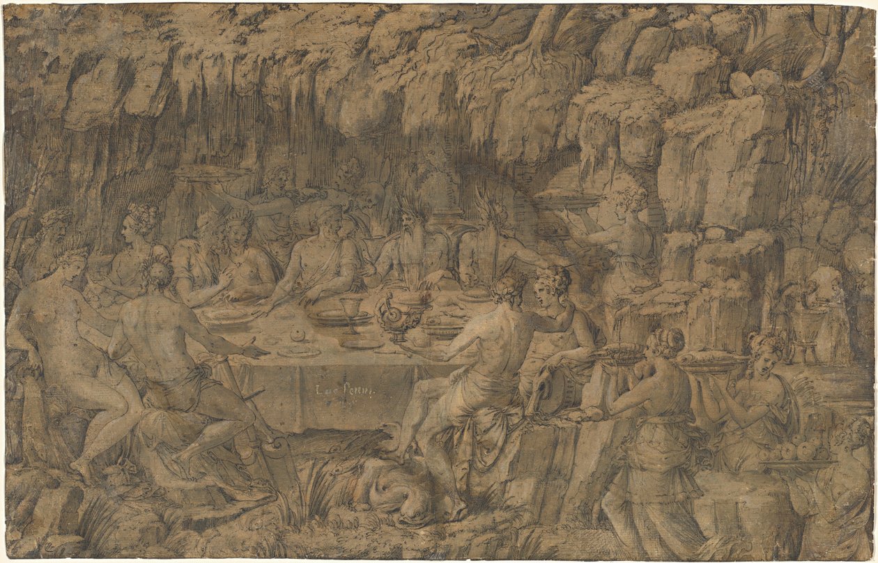 Akeleos#39; bankett, ca. 1545 (penn- og blekktegning) av Luca Penni
