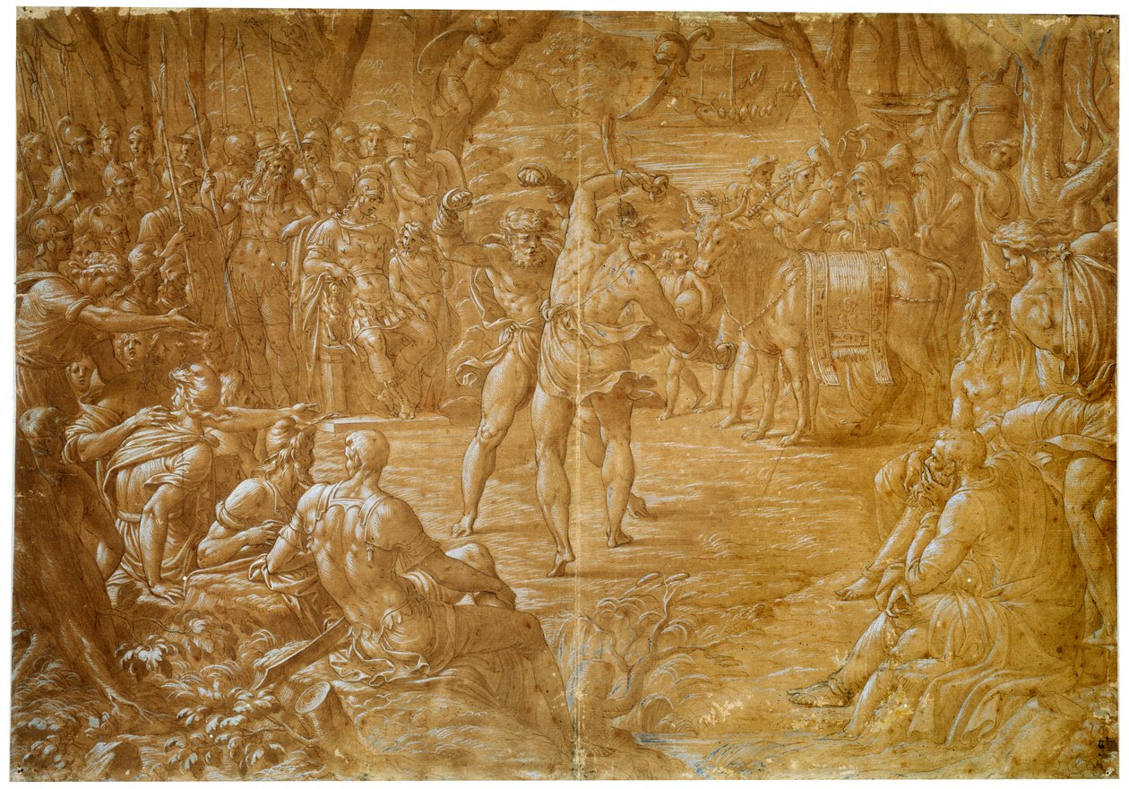 Kampen mellom Entellus fra Sicilia og Dares of Troy, c1544 av Luca Penni