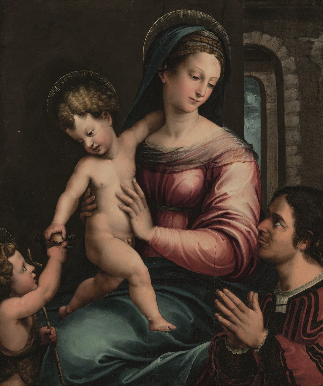Madonnaen og barnet med spedbarnet Døperen Johannes og en giver (olje på panel) av Luca Penni