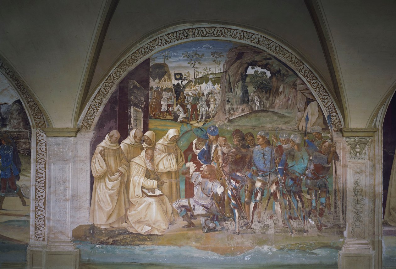 Benedikt oppdager Totilas bedrag, scene fra St. Benedikts liv av Luca Signorelli