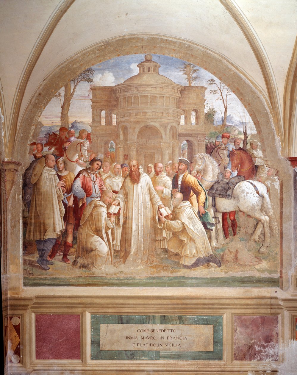 Benedict sender Maurus i Frankrike og Placid på Sicilia (Benedict sender Maurus i Frankrike og Placid på Sicilia) Freske av klosteret laget av Luca Signorelli som forteller om livet til Saint Benedict of Nursie (480 - 567) grunnlegger av Benediktinerordene av Luca Signorelli