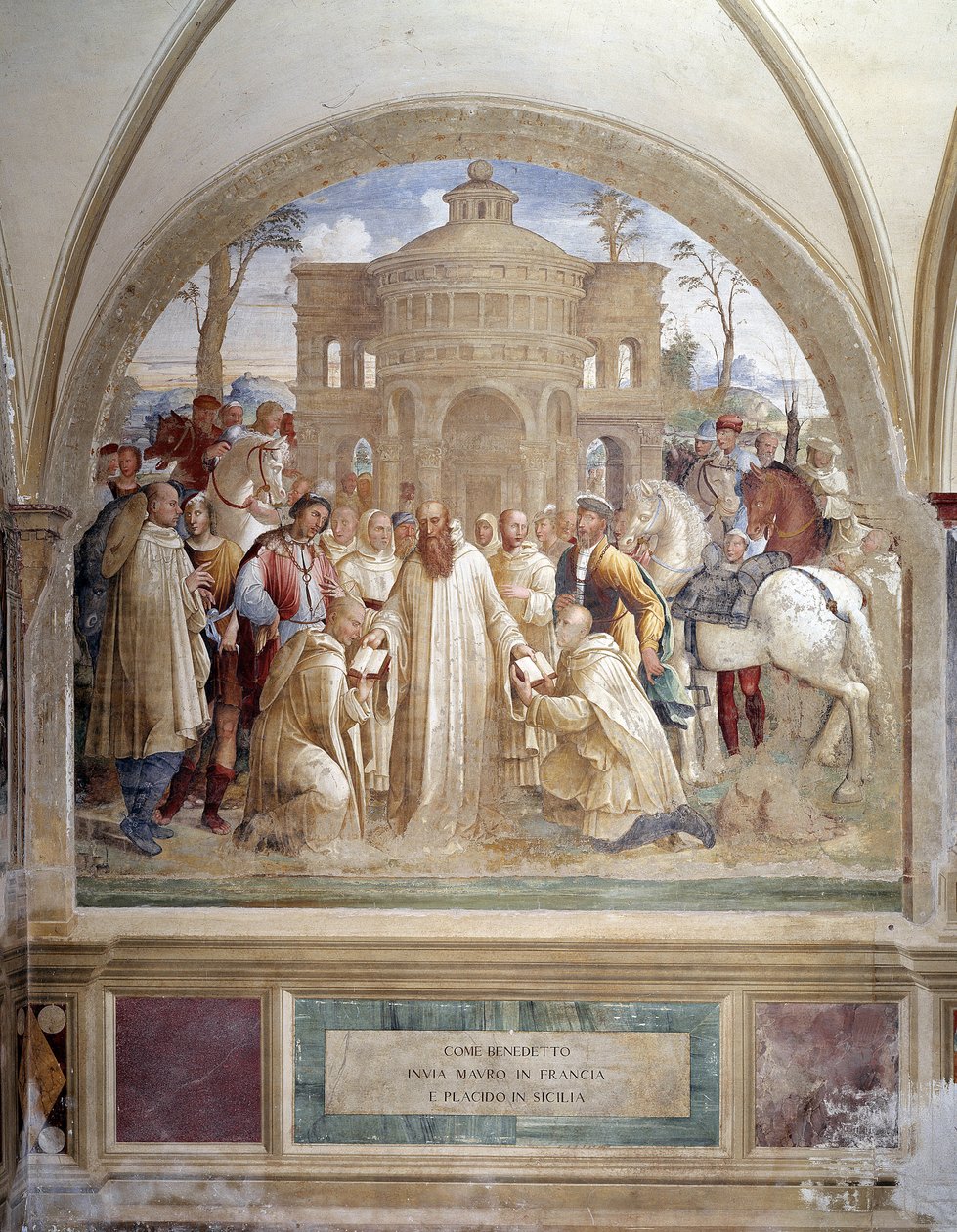 Benedict sender Maurus i Frankrike og Placid på Sicilia (Benedict sender Maurus i Frankrike og Placid på Sicilia) Freske av klosteret laget av Luca Signorelli som forteller om livet til Saint Benedict of Nursie (480 - 567) grunnlegger av Benediktinerordene av Luca Signorelli