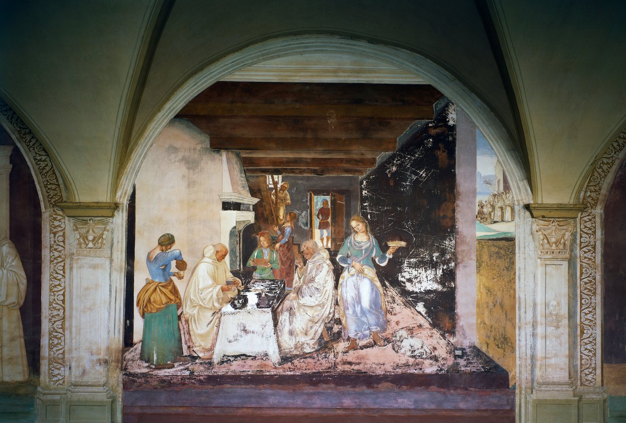 Benedikt forteller to munker når og hvor de har spist utenfor klosteret, scene fra St. Benedikts liv av Luca Signorelli