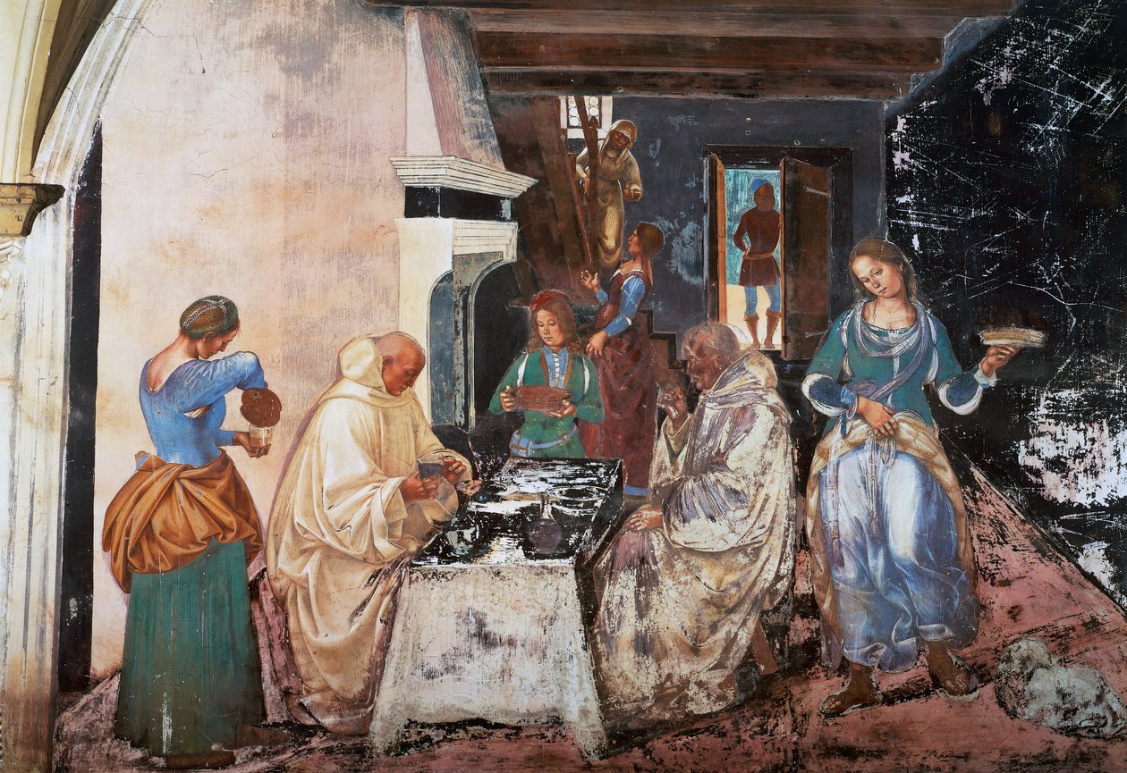 Benedict forteller munkene hvor og når de spiste mens de var utenfor klosteret, scene fra historiene om St. Benedict av Luca Signorelli