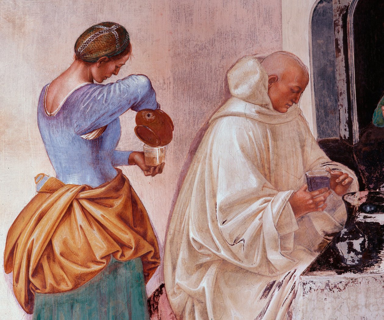 Benedikt fortalte munkene hvor og når de spiste utenfor klosteret. Detail Cloister fresco laget av Luca Signorelli (ca. 1445-1523) og fortalte om livet til Saint Benedict of Nursia (480 - 567) grunnlegger av Benediktinerordenen 1497-1498 Abbey of Monte Ol av Luca Signorelli