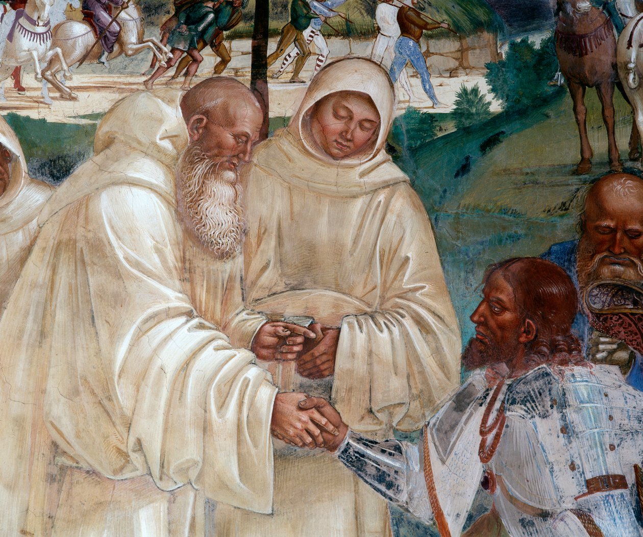 Benedikt ønsker velkommen til Totila som kom for å be om unnskyldning for å ha satt Benoit på prøve (Benedict ønsker velkommen til Totila som kom for å be om unnskyldning for å ha satt Benedict på prøve) Detaljfreskomaleri av cloitre realisert av Luca Sign av Luca Signorelli