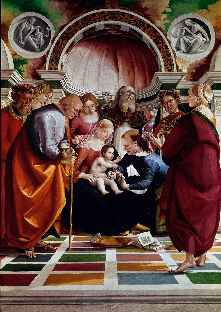 Omskjæring. Blant karakterene representert: Saint Joseph (med stokk), Jomfru Maria, Jesus Kristus og Saint Simeon (løfter hendene til himmelen). Maleri av Luca Signorelli (ca. 1445-1523) 1491 ca. Sol. 258,5x180 cm London, Nasjonalgalleriet av Luca Signorelli